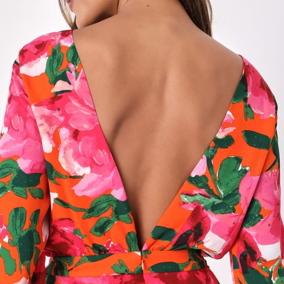 Lulus Sweetest Song Orange Floral Print Backless Long Sleeve Romper - Picture 7 of 7